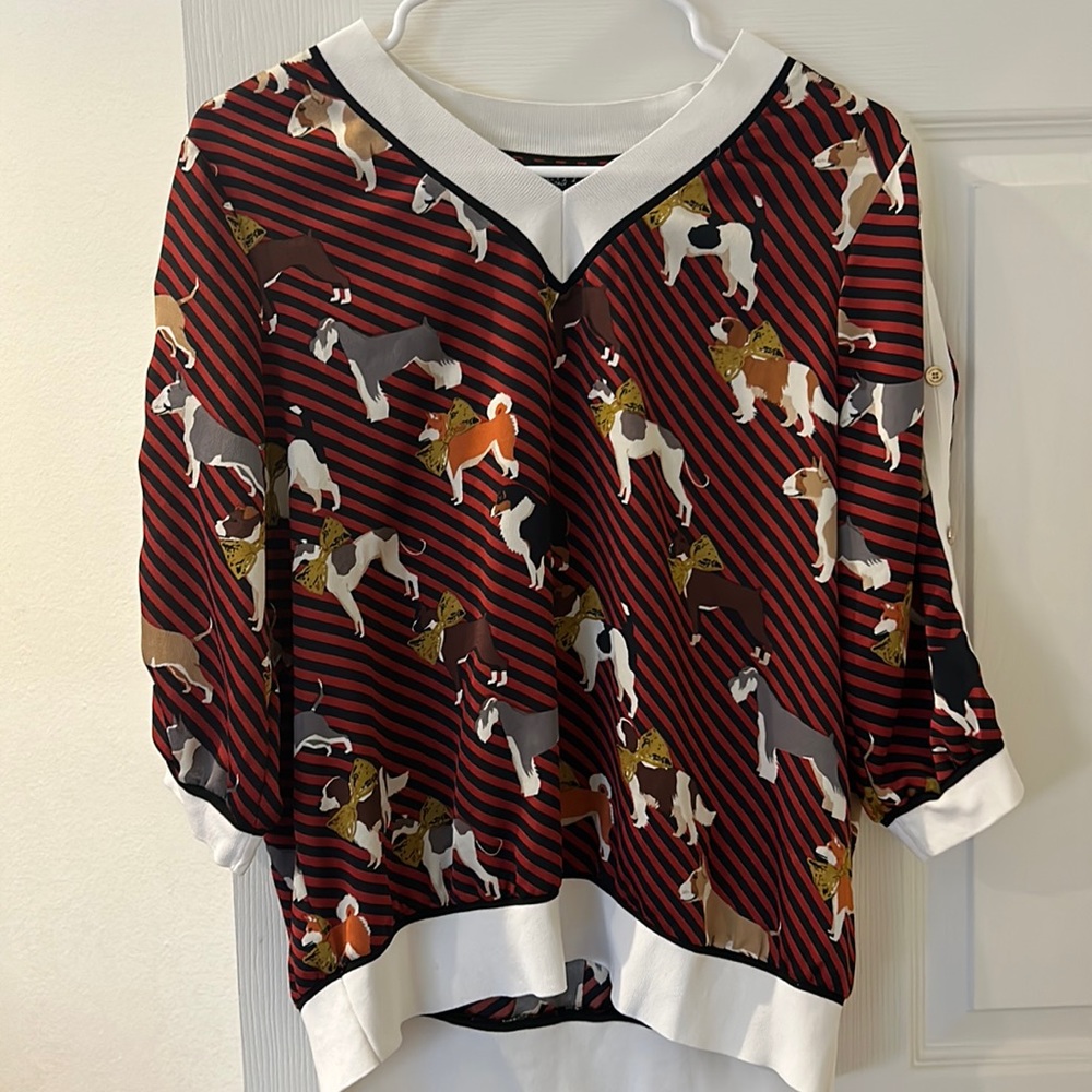 Saniya Italy 100% silk top with buttons on sleeves , cute dog with ribbons